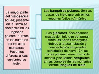 La mayor parte
del hielo (agua
sólida) presente
en la Tierra se
encuentra en las
regiones
polares. El resto
en las cumbres
de las altas
montañas.
Podemos
diferenciar dos
conjuntos de
hielo.

Las banquisas polares. Son las
capas de hielo que cubren los
océanos Ártico y Antártico.

Los glaciares. Son enormes
masas de hielo que se forman
sobre las tierras emergidas
debido a la acumulación y
compactación de grandes
cantidades de nieve. En las
zonas polares tienen forma de
meseta y se llaman casquetes.
En las cumbres de las montañas
forman lenguas de hielo.

 
