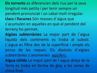 Els torrents es diferencien dels rius per la seva 
longitud més petita i per tenir sempre un 
pendent pronunciat i un cabal molt irregular. 
Llacs i llacunes Són masses d´aigua que 
s´acumulen en aquelles en què el pendent del 
terreny ho permet. 
Aigües subterrànies La major part de l´aigua 
liquida dels continents es troba al subsòl. 
L´aigua es filtra des de la superfície i omple els 
porus de les roques. Els dipòsits d´aigües 
subterrànies s´anomenen aqüifers. 
Aigua sòlida La major part de l´aigua dolça de la 
Terra es troba en forma de glaç a les zones de 
clima fred. 
 
