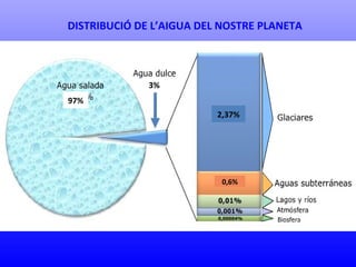 DISTRIBUCIÓ DE L’AIGUA DEL NOSTRE PLANETA 
97% 
3% 
2,37% 
0,6% 
 