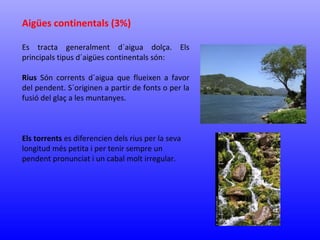 Aigües continentals (3%) 
Es tracta generalment d´aigua dolça. Els 
principals tipus d´aigües continentals són: 
Rius Són corrents d´aigua que flueixen a favor 
del pendent. S´originen a partir de fonts o per la 
fusió del glaç a les muntanyes. 
Els torrents es diferencien dels rius per la seva 
longitud més petita i per tenir sempre un 
pendent pronunciat i un cabal molt irregular. 
 