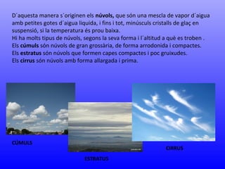 D´aquesta manera s´originen els núvols, que són una mescla de vapor d´aigua 
amb petites gotes d´aigua liquida, i fins i tot, minúsculs cristalls de glaç en 
suspensió, si la temperatura és prou baixa. 
Hi ha molts tipus de núvols, segons la seva forma i l´altitud a què es troben . 
Els cúmuls són núvols de gran grossària, de forma arrodonida i compactes. 
Els estratus són núvols que formen capes compactes i poc gruixudes. 
Els cirrus són núvols amb forma allargada i prima. 
CÚMULS 
ESTRATUS 
CIRRUS 
 