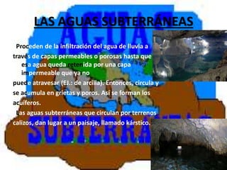 LAS AGUAS SUBTERRÁNEAS
Proceden de la infiltración del agua de lluvia a
través de capas permeables o porosas hasta que
esa agua queda retenida por una capa
impermeable que ya no
puede atravesar (EJ.: de arcilla). Entonces, circula y
se acumula en grietas y poros. Así se forman los
acuíferos.
Las aguas subterráneas que circulan por terrenos
calizos, dan lugar a un paisaje, llamado kárstico.
 