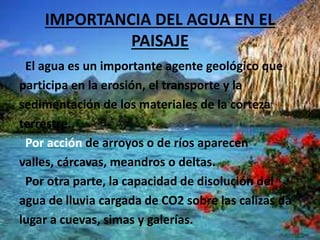 IMPORTANCIA DEL AGUA EN EL
PAISAJE
El agua es un importante agente geológico que
participa en la erosión, el transporte y la
sedimentación de los materiales de la corteza
terrestre.
Por acción de arroyos o de ríos aparecen
valles, cárcavas, meandros o deltas.
Por otra parte, la capacidad de disolución del
agua de lluvia cargada de CO2 sobre las calizas da
lugar a cuevas, simas y galerías.
 