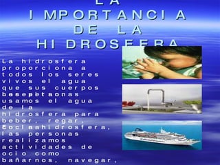 LA IMPORTANCIA DE LA HIDROSFERA La hidrosfera proporciona a todos los seres vivos el agua que sus cuerpos necesitan. Las personas usamos el agua de la hidrosfera para beber, regar, cocinar... En la hidrosfera, las personas realizamos actividades de ocio como bañarnos, navegar, pescar... 