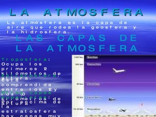 LA ATMOSFERA La atmósfera es la capa de aire que rodea la geosfera y la hidrosfera.  LAS CAPAS DE LA ATMOSFERA Troposfera : Ocupa los primeros 12 kilómetros de altura. Estratosfera : Está comprendida entre los 12 y los 50 kilómetros de altura Otras capas superiores : Por encima de la estratosfera hay capas muy frías y con pocos gases, como la mesosfera, la termosfera y la exosfera. 