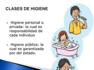 CLASES DE HIGIENE Higiene personal o privada: la cual es responsabilidad de cada individuo Higiene pública: la cual es garantizada por del estado.