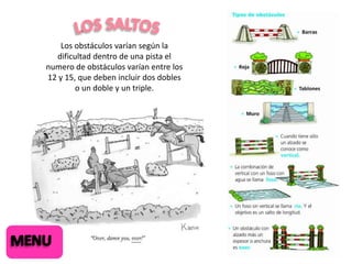 Los obstáculos varían según la
dificultad dentro de una pista el
numero de obstáculos varían entre los
12 y 15, que deben incluir dos dobles
o un doble y un triple.

 