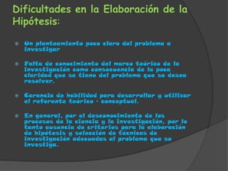 Dificultades en la Elaboración de la Hipótesis:Un planteamiento poco claro del problema a investigarFalta de conocimiento del marco teórico de la investigación como consecuencia de la poca claridad que se tiene del problema que se desea resolver.Carencia de habilidad para desarrollar y utilizar el referente teórico – conceptual.En general, por el desconocimiento de los procesos de la ciencia y la investigación, por lo tanto ausencia de criterios para la elaboración de hipótesis y selección de técnicas de investigación adecuadas al problema que se investiga.