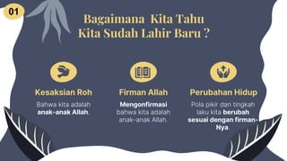 Kesaksian Roh
Bahwa kita adalah
anak-anak Allah.
Firman Allah
Mengonfirmasi
bahwa kita adalah
anak-anak Allah.
Perubahan Hidup
Pola pikir dan tingkah
laku kita berubah
sesuai dengan firman-
Nya.
Bagaimana Kita Tahu
Kita Sudah Lahir Baru ?
01
 