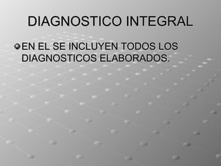 DIAGNOSTICO INTEGRAL
EN EL SE INCLUYEN TODOS LOS
DIAGNOSTICOS ELABORADOS.
 