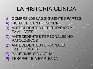 LA HISTORIA CLINICA
     COMPRENDE LAS SIGUIENTES PARTES:
A)   FICHA DE IDENTIFICACION
B)   ANTECEDENTES HEREDITARIOS Y
     FAMILIARES
C)   ANTECEDENTES PERSONALES NO
     PATOLOGICOS
D)   ANTECEDENTES PERSONALES
     PATOLOGICOS
E)   PADECIMIENTO ACTUAL
F)   TERAPEUTICA EMPLEADA
 