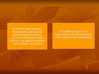 ACTORES INDIVIDUALES *SON AQUELLOS QUE SE  DESTACARON POR SUS  ACTOS O POR SUS IDEAS POR EJ. ALEJANDRO MAGNO JULIO CESAR, ...