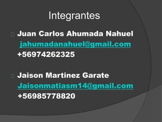 Integrantes
Juan Carlos Ahumada Nahuel
jahumadanahuel@gmail.com
+56974262325
Jaison Martinez Garate
Jaisonmatiasm14@gmail.com
+56985778820
 