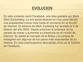 EVOLUCION
En este contexto nació Facebook, una idea gestada por Mark
Elliot Zuckerberg. La red social alcanzó en muy poco tiempo
una popularidad nunca vista hasta el momento en el mundo
de Internet. El sistema de Mark Zuckberg fue lanzado el 4 de
febrero del año 2004. Desde entonces la empresa no ha
parado de crecer y aumentar su presencia en el mundo de
Internet. Su salida al mercado de la Bolsa y la compra de
Instagram son algunos de los pasos más importantes de su
historia. En este practicograma descubirás cómo es la historia
de Facebook.