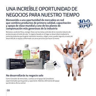 Polvoparaprepararbebidanutritiva.
Sabor mandarina.
Cont. 21 sobres de 2.5 g c/u
Polvoparaprepararbebidanutritiva.
Sabor mandarina.
Cont. 21 sobres de 2.5 g c/u
Grasa
saturada
?? kcal
??%
Grasas
totales
?? kcal
??%
Azúcares
totales
?? kcal
??%
Sodio
?? mg
??%
Una porción de 30.27g aporta:
% de los nutrimentos diarios
15porciones
porenvase
Energía
?? kcal
Energía
por
envase
??kcal
Una porción de 30.27g aporta:
UNAINCREÍBLEOPORTUNIDADDE
NEGOCIOSPARANUESTROTIEMPO
08
Bienvenido a una oportunidad de mercadeo en red
que combina productos de primera calidad, capacitación
y apoyo de clase mundial y uno de los planes de
compensación más generosos de la industria
Bienestar, condición física, energía. Éstos son los temas centrales de la creciente industria de
productos para el estilo de vida. Tu negocio basado en el hogar se desarrollará mediante la
venta de productos que la gente realmente necesita y, eliges crecer, puedes lograrlo a través del
desarrollo de un equipo conformado con otras personas que hacen lo mismo.
No desarrollarás tu negocio solo
Como Consultor de Immunotec, cuentas con el apoyo de Consultores
experimentados que te guiarán y capacitarán. Además, disfrutarás del apoyo
que brinda la oficina central.
 