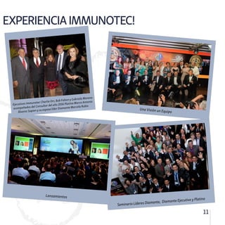 EXPERIENCIAIMMUNOTEC!
11
Seminario Líderes Diamante, Diamante Ejecutivo y Platino
Lanzamientos
Una Visión un Equipo
Ejecutivos Immunotec Charlie Orr, Bob Felton y Gabriela Moreno
acompañados del Consultor del año 2016 Platino Marco Antonio
Álvarez Sapien y su esposa líder Diamante Marcela Rubio
 
