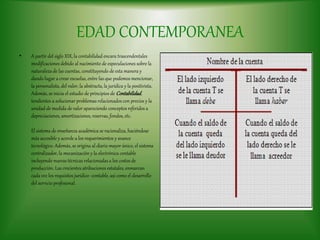 EDAD CONTEMPORANEA
• A partir del siglo XIX, la contabilidad encara trascendentales
modificaciones debido al nacimiento de especulaciones sobre la
naturaleza de las cuentas, constituyendo de esta manera y
dando lugar a crear escuelas, entre las que podemos mencionar,
la personalista, del valor, la abstracta, la jurídica y la positivista.
Además, se inicia el estudio de principios de Contabilidad,
tendientes a solucionar problemas relacionados con precios y la
unidad de medida de valor apareciendo conceptos referidos a
depreciaciones, amortizaciones, reservas, fondos, etc.
El sistema de enseñanza académica se racionaliza, haciéndose
más accesible y acorde a los requerimientos y avance
tecnológico. Además, se origina al diario mayor único, el sistema
centralizador, la mecanización y la electrónica contable
incluyendo nuevas técnicas relacionadas a los costos de
producción. Las crecientes atribuciones estatales, enmarcan
cada vez los requisitos jurídico -contable, así como el desarrollo
del servicio profesional.
 