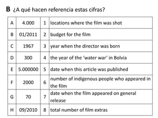 A 4.000 1 locations where the film was shot
B 01/2011 2 budget for the film
C 1967 3 year when the director was born
D 300 4 the year of the ‘water war’ in Bolvia
E 5.000000 5 date when this article was published
F 2000 6
number of indigenous people who appeared in
the film
G 70 7
date when the film appeared on general
release
H 09/2010 8 total number of film extras
B ¿A qué hacen referencia estas cifras?
 