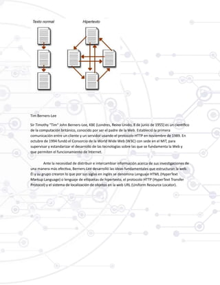 Tim Berners-Lee
Sir Timothy "Tim" John Berners-Lee, KBE (Londres, Reino Unido, 8 de junio de 1955) es un científico
de la computación británico, conocido por ser el padre de la Web. Estableció la primera
comunicación entre un cliente y un servidor usando el protocolo HTTP en noviembre de 1989. En
octubre de 1994 fundó el Consorcio de la World Wide Web (W3C) con sede en el MIT, para
supervisar y estandarizar el desarrollo de las tecnologías sobre las que se fundamenta la Web y
que permiten el funcionamiento de Internet.
Ante la necesidad de distribuir e intercambiar información acerca de sus investigaciones de
una manera más efectiva, Berners-Lee desarrolló las ideas fundamentales que estructuran la web.
Él y su grupo crearon lo que por sus siglas en inglés se denomina Lenguaje HTML (HyperText
Markup Language) o lenguaje de etiquetas de hipertexto, el protocolo HTTP (HyperText Transfer
Protocol) y el sistema de localización de objetos en la web URL (Uniform Resource Locator).
 
