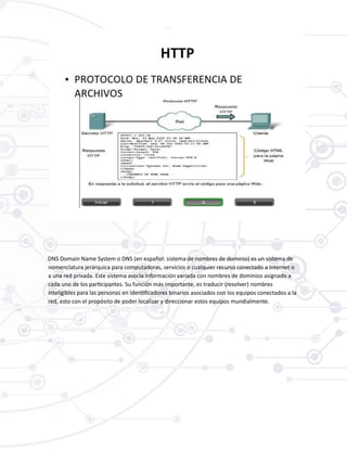 DNS Domain Name System o DNS (en español: sistema de nombres de dominio) es un sistema de
nomenclatura jerárquica para computadoras, servicios o cualquier recurso conectado a Internet o
a una red privada. Este sistema asocia información variada con nombres de dominios asignado a
cada uno de los participantes. Su función más importante, es traducir (resolver) nombres
inteligibles para las personas en identificadores binarios asociados con los equipos conectados a la
red, esto con el propósito de poder localizar y direccionar estos equipos mundialmente.
 