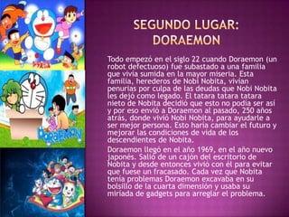 Todo empezó en el siglo 22 cuando Doraemon (un
robot defectuoso) fue subastado a una familia
que vivía sumida en la mayor miseria. Esta
familia, herederos de Nobi Nobita, vivían
penurias por culpa de las deudas que Nobi Nobita
les dejó como legado. El tatara tatara tatara
nieto de Nobita decidió que esto no podía ser así
y por eso envió a Doraemon al pasado, 250 años
atrás, donde vivió Nobi Nobita, para ayudarle a
ser mejor persona. Esto haría cambiar el futuro y
mejorar las condiciones de vida de los
descendientes de Nobita.
Doraemon llegó en el año 1969, en el año nuevo
japonés. Salió de un cajón del escritorio de
Nobita y desde entonces vivió con él para evitar
que fuese un fracasado. Cada vez que Nobita
tenía problemas Doraemon excavaba en su
bolsillo de la cuarta dimensión y usaba su
miríada de gadgets para arreglar el problema.
 