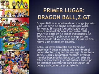 Dragon Ball es el nombre de un manga japonés
y de una serie de anime creados por Akira
Toriyama. El manga fue serializado en la
revista semanal Shônen Jump entre 1984 y
1995 y se editó en 42 tomos individuales. En
2004 se volvió a publicar el manga en una
colección de 34 volúmenes que incluía un final
nuevo y un artbook en colores.
Goku, un joven karateka que tiene que
encontrar 7 bolas mágicas que confieren el
poder absoluto a quien las consiga. Durante la
serie,, Goku y sus amigos recorren diversos
mundos buscando las bolas con un radar de
fabricación casera y se enfrentan a todo tipo
de temibles adversarios para conseguir las
bolas y asi comienza esta historia
 