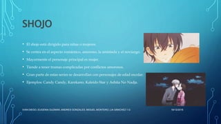 SHOJO
• El shojo está dirigido para niñas o mujeres.
• Se centra en el aspecto romántico, amoroso, la amistada y el noviazgo.
• Mayormente el personaje principal es mujer.
• Tiende a tener tramas complicadas por conflictos amorosos.
• Gran parte de estas series se desarrollan con personajes de edad escolar.
• Ejemplos: Candy Candy, Karekano, Kaleido Star y Ashita No Nadja.
16/12/2016IVAN DIEGO, EUGENIA GUZMAN, ANDRES GONZALES, MIGUEL MONTERO, LIA SÁNCHEZ 1.G
 