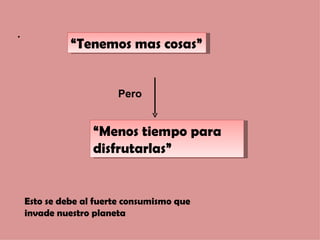 .
              “Tenemos mas cosas”


                        Pero


                   “Menos tiempo para
                   disfrutarlas”


    Esto se debe al fuerte consumismo que
    invade nuestro planeta
 