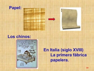 Papel:




Los chinos:


              En Italia (siglo XVIII)
                 La primera fábrica
                 papelera.
                                    14
 
