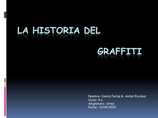 LA HISTORIA DEL

                  GRAFFITI



            Nombre: Camilo Farías G. Anibal Escobar
            Curso: 4 a
            Asignatura: artes
            Fecha : 11/04/2012
 
