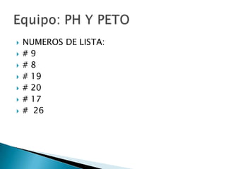  NUMEROS DE LISTA:
 # 9
 # 8
 # 19
 # 20
 # 17
 # 26
 