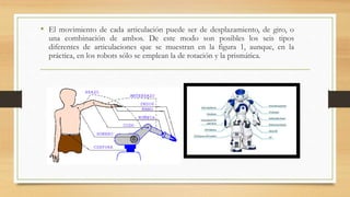 • El movimiento de cada articulación puede ser de desplazamiento, de giro, o
una combinación de ambos. De este modo son posibles los seis tipos
diferentes de articulaciones que se muestran en la figura 1, aunque, en la
práctica, en los robots sólo se emplean la de rotación y la prismática.
 