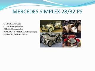MERCEDES SIMPLEX 28/32 PS
CILINDRADA: 5,315L
CILINDROS: 4 cilindros
CABALLOS: 32 caballos
PERIODO DE FABRICACION: 1901-1905
UNIDADES FABRICADAS: --
 