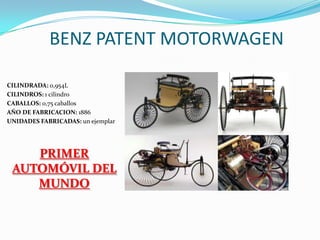 BENZ PATENT MOTORWAGEN
CILINDRADA: 0,954L
CILINDROS: 1 cilindro
CABALLOS: 0,75 caballos
AÑO DE FABRICACION: 1886
UNIDADES FABRICADAS: un ejemplar
PRIMER
AUTOMÓVIL DEL
MUNDO
 