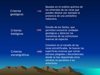 Criterios geológicos Basados en el análisis químico de los minerales de las rocas que pueden delatar por ejemplo la presencia de una atmósfera reductora. Criterios biológicos Estudio de los fósiles, que permiten encontrar unidades geológicas y detectar los momentos de las extinciones masivas de especies  Criterios estratigráficos Consisten en el estudio de las rocas estratificadas. Se buscan las superficies erosivas que cortan estratos plegados ( discordancias) donde se han depositado otros estratos no paralelos a los anteriores. 