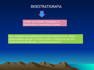 BIOESTRATIGRAFIA ordena las unidades litológicas en función de su contenido en fósiles. Para establecer las subdivisiones el más utilizado es el criterio paleontológico porque los fósiles tienen la ventaja de que son relativamente abundantes y faciles de reconocer. 