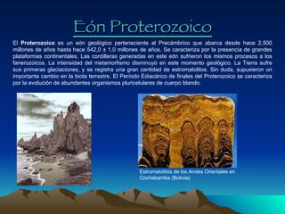 Eón Proterozoico El  Proterozoico  es un eón geológico perteneciente al Precámbrico que abarca desde hace 2.500 millones de años hasta hace 542,0 ± 1,0 millones de años. Se caracteriza por la presencia de grandes plataformas continentales. Las cordilleras generadas en este eón sufrieron los mismos procesos a los fanerozoicos. La intensidad del metamorfismo disminuyó en este momento geológico. La Tierra sufre sus primeras glaciaciones, y se registra una gran cantidad de estromatolitos. Sin duda, supusieron un importante cambio en la biota terrestre. El Período Ediacárico de finales del Proterozoico se caracteriza por la evolución de abundantes organismos pluricelulares de cuerpo blando. Estromatolitos de los Andes Orientales en Cochabamba (Bolivia) 