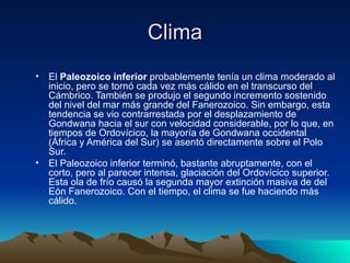 Clima El  Paleozoico inferior  probablemente tenía un clima moderado al inicio, pero se tornó cada vez más cálido en el transcurso del Cámbrico. También se produjo el segundo incremento sostenido del nivel del mar más grande del Fanerozoico. Sin embargo, esta tendencia se vio contrarrestada por el desplazamiento de Gondwana hacia el sur con velocidad considerable, por lo que, en tiempos de Ordovícico, la mayoría de Gondwana occidental (África y América del Sur) se asentó directamente sobre el Polo Sur. El Paleozoico inferior terminó, bastante abruptamente, con el corto, pero al parecer intensa, glaciación del Ordovícico superior. Esta ola de frío causó la segunda mayor extinción masiva de del Eón Fanerozoico. Con el tiempo, el clima se fue haciendo más cálido. 