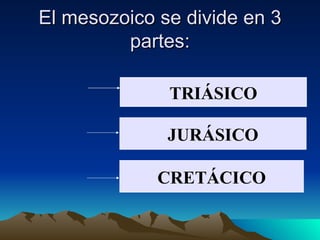 El mesozoico se divide en 3 partes: TRIÁSICO JURÁSICO CRETÁCICO 