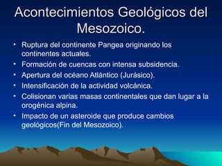 Acontecimientos Geológicos del Mesozoico. Ruptura del continente Pangea originando los continentes actuales. Formación de cuencas con intensa subsidencia. Apertura del océano Atlántico (Jurásico). Intensificación de la actividad volcánica. Colisionan varias masas continentales que dan lugar a la orogénica alpina. Impacto de un asteroide que produce cambios geológicos(Fin del Mesozoico). 