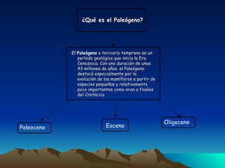 ¿Qué es el Paleógeno? El  Paleógeno   o terciario temprano es un período geológico que inicia la Era Cenozoica.   Con una duración de unos 43 millones de años, el Paleógeno destacó especialmente por la evolución de los mamíferos a partir de especies pequeñas y relativamente poco importantes como eran a finales del Cretácico Paleoceno Eoceno Oligoceno 