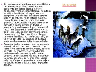 



Se movían como sombras, con aquel lobo a
la cabeza; separados, pero cada uno
conciente de donde estaba el otro;
permanentemente concentrados… su olfato
le indicaría el lugar, el lugar donde su
compañia lo esperaba; por ahora estaba
solo en la cabeza, no lo estaría pronto…
cerca, la sentía cerca… cada vez más,
gruñó con fuerza para hacerle saber a su
manada a donde debían ir, todos se
acercarón y rodearón el lugar, cercano al
lago… ahi estaba ella, en el suelo, con su
pelaje mojado, con un camino de sangre
detras suyo… El Lobo corrió a su lado y
lamio sus heridas… no habia caso, ahi, en
la orilla del lago, su soledad en cabeza
sería mucho mayor… aulló desconsolado.
Dormían, todos menos él, que permanecía
sentado al lado del cuerpo de ella… un
sonido, un conocido sonido, voces, de esos
animales de 2 patas, que ya lo habian
herido más de una vez, que le habian
quitado tanto… alguna vez habia probado
la sangre de uno… pero eran más, varios
más… gruñó para despertar a la manada y
hulleron… era una batalla que no podrían
ganar…

 