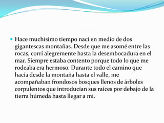  Hace muchísimo tiempo nací en medio de dos
 gigantescas montañas. Desde que me asomé entre las
 rocas, corrí alegremente hasta la desembocadura en el
 mar. Siempre estaba contento porque todo lo que me
 rodeaba era hermoso. Durante todo el camino que
 hacía desde la montaña hasta el valle, me
 acompañaban frondosos bosques llenos de árboles
 corpulentos que introducían sus raíces por debajo de la
 tierra húmeda hasta llegar a mí.
 
