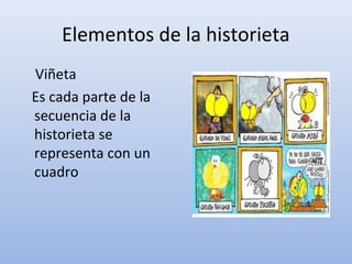 Elementos de la historieta
Viñeta
Es cada parte de la
secuencia de la
historieta se
representa con un
cuadro