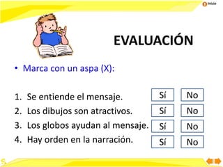 Inicio
EVALUACIÓN
• Marca con un aspa (X):
1. Se entiende el mensaje.
2. Los dibujos son atractivos.
3. Los globos ayudan al mensaje.
4. Hay orden en la narración.
Sí
Sí
Sí
Sí
No
No
No
No
 