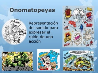 Onomatopeyas
Representación
del sonido para
expresar el
ruido de una
acción
 