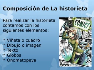 Composición de La historieta
Para realizar la historieta
contamos con los
siguientes elementos:
* Viñeta o cuadro
* Dibujo o imagen
* Texto
* Globos
* Onomatopeya
 