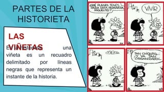 LAS
VIÑETAS
En la historieta, una
viñeta es un recuadro
delimitado por líneas
negras que representa un
instante de la historia.
PARTES DE LA
HISTORIETA
 