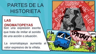 LAS
ONOMATOPEYAS
Son una expresión escrita
que trata de imitar el sonido
de una acción o situación.
PARTES DE LA
HISTORIETA
La onomatopeya aumenta el
valor expresivo de la viñeta.
 
