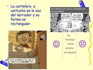 • La cartelera o
cartucho es la voz
del narrador y su
forma es
rectangular.
su
tristeza
torno
pronto
en alegría
Los vikingos se vieron rodeados por
sus enemigos
 
 